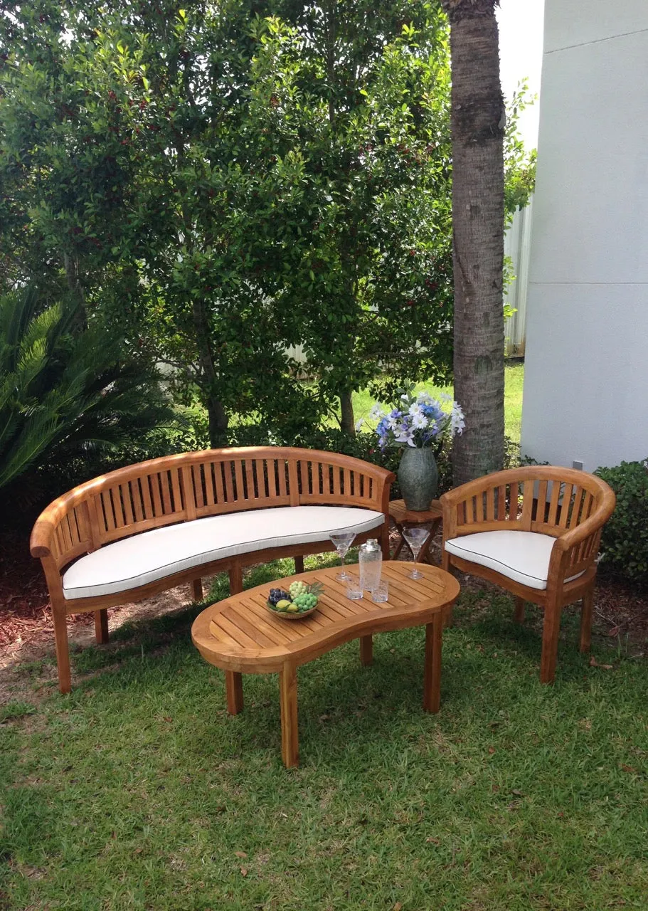 3 Piece Teak Wood Peanut Patio Lounge Set, Triple Bench, Chair & Coffee Table