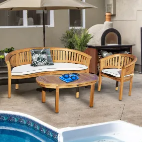 3 Piece Teak Wood Peanut Patio Lounge Set, Triple Bench, Chair & Coffee Table