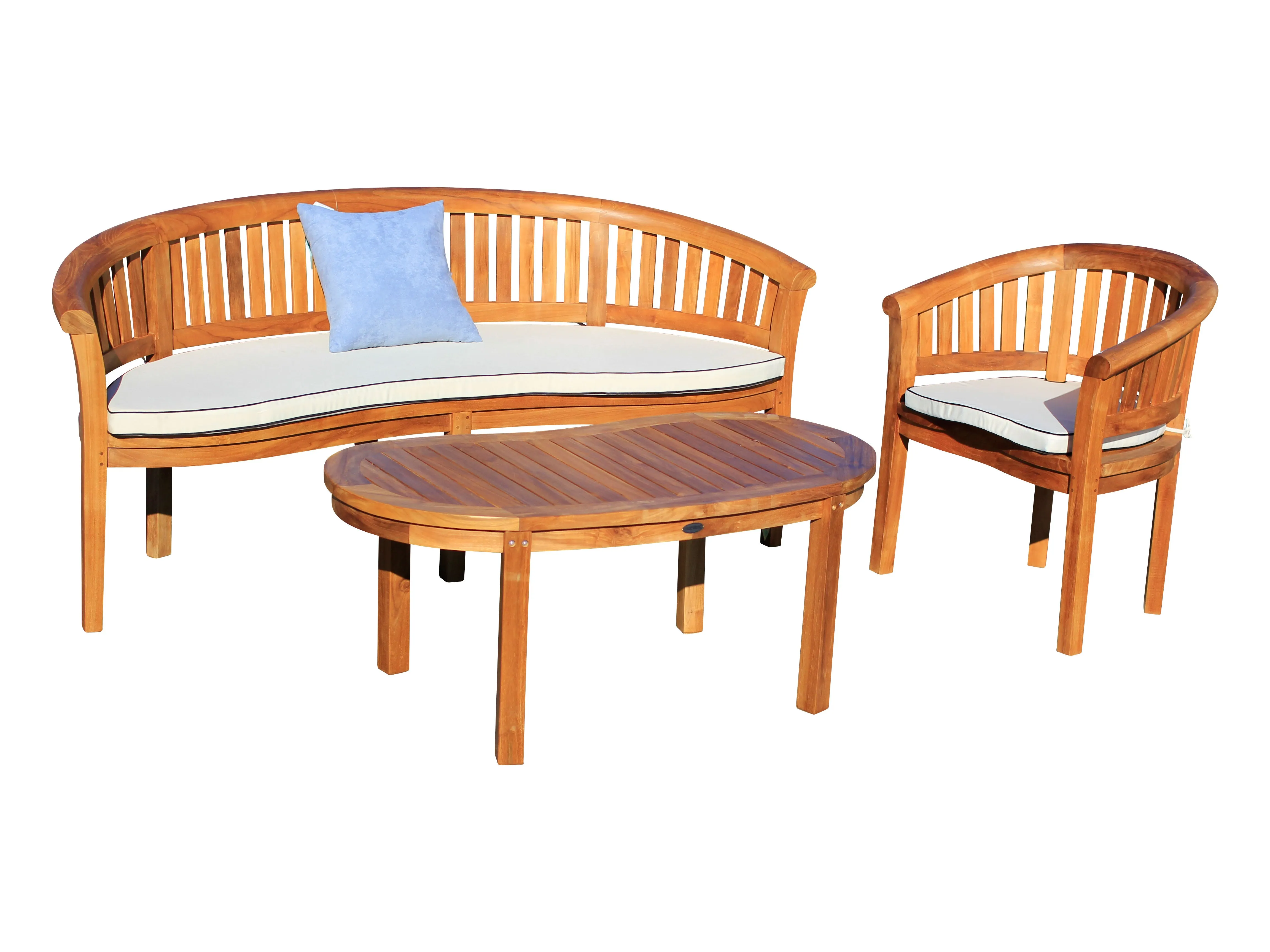 3 Piece Teak Wood Peanut Patio Lounge Set, Triple Bench, Chair & Coffee Table