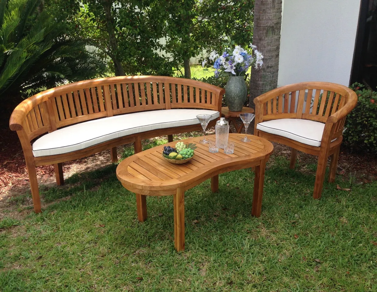 3 Piece Teak Wood Peanut Patio Lounge Set, Triple Bench, Chair & Coffee Table