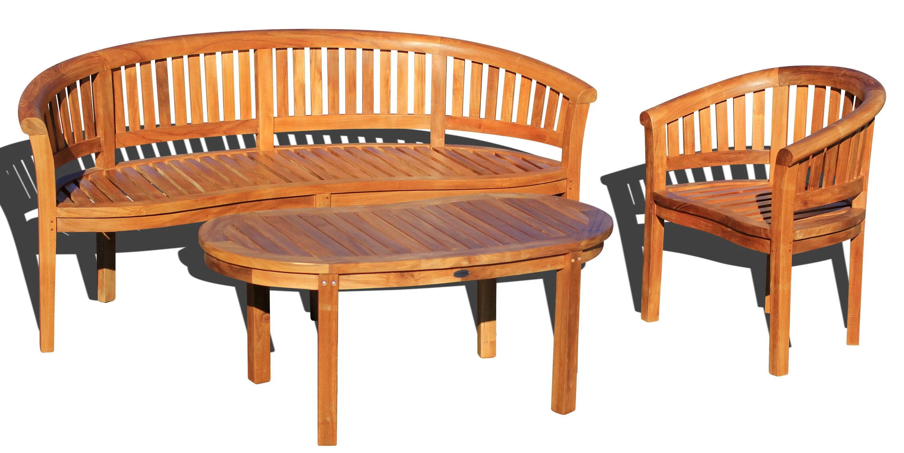 3 Piece Teak Wood Peanut Patio Lounge Set, Triple Bench, Chair & Coffee Table