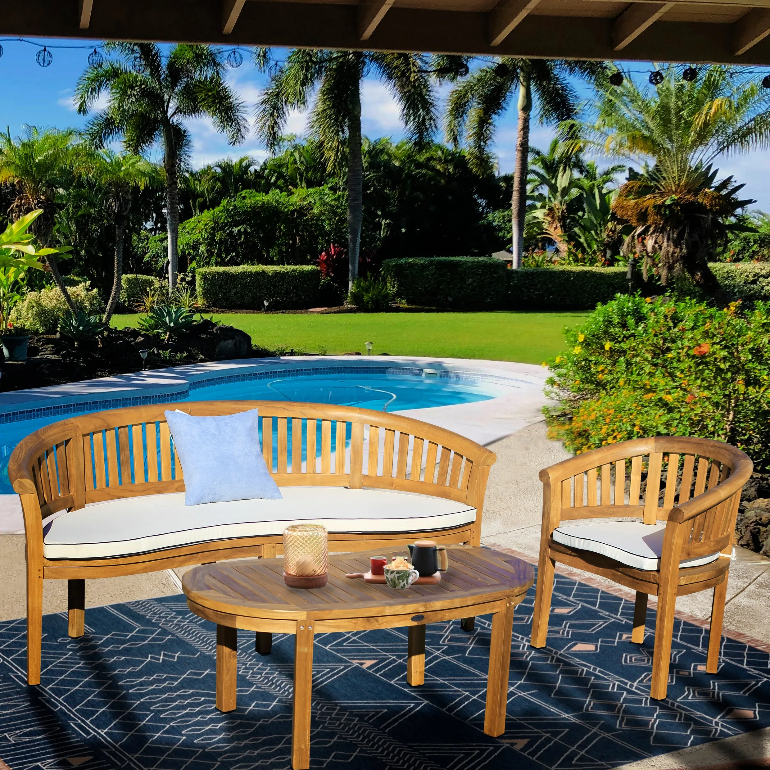 3 Piece Teak Wood Peanut Patio Lounge Set, Triple Bench, Chair & Coffee Table