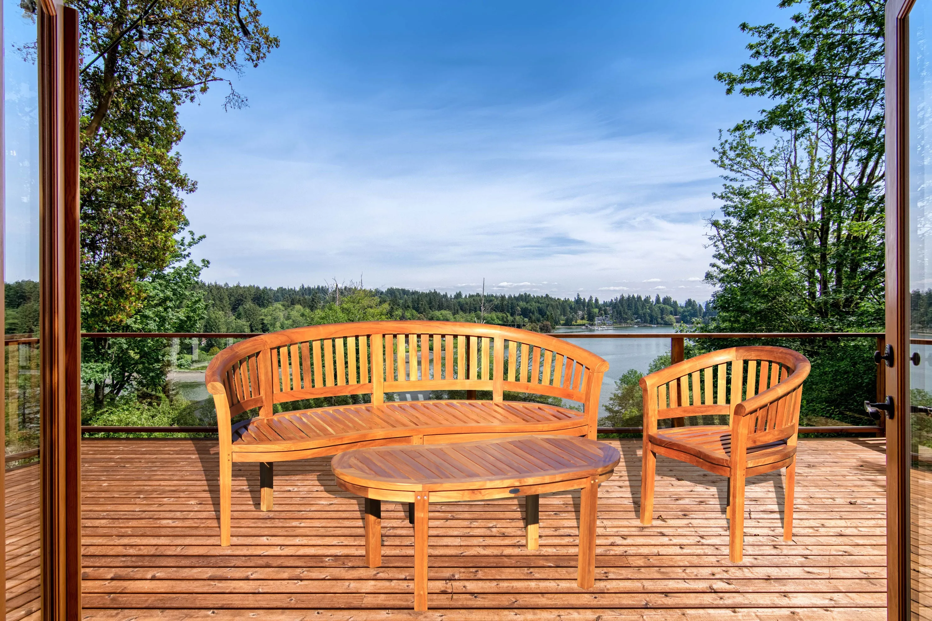 3 Piece Teak Wood Peanut Patio Lounge Set, Triple Bench, Chair & Coffee Table