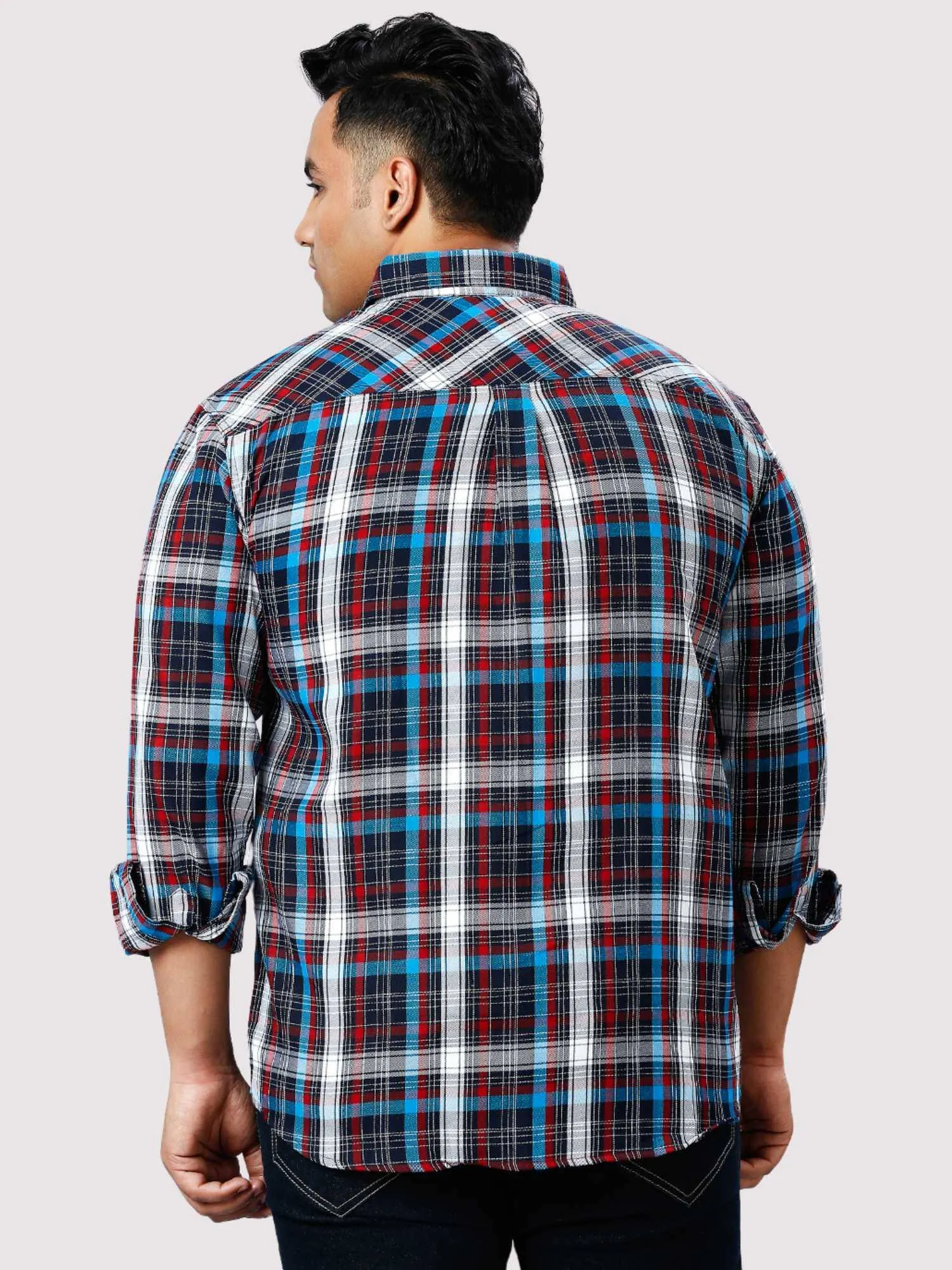 Blue and Red Checkered Double Pocket Full Shirt Men's Plus Size