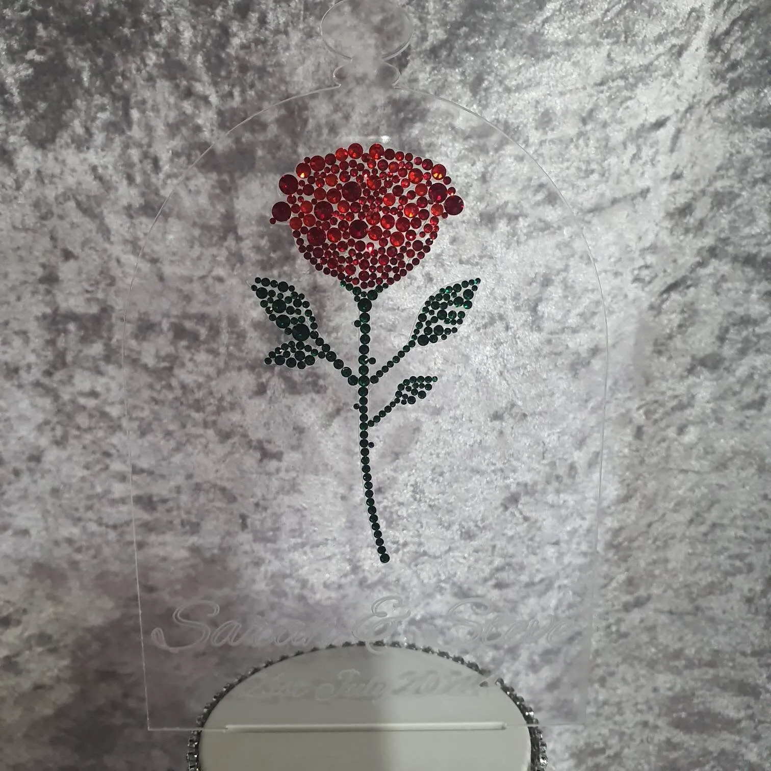 Crystal rose Cake topper - red rose design, Engraved Acrylic light-up by Crystal wedding uk