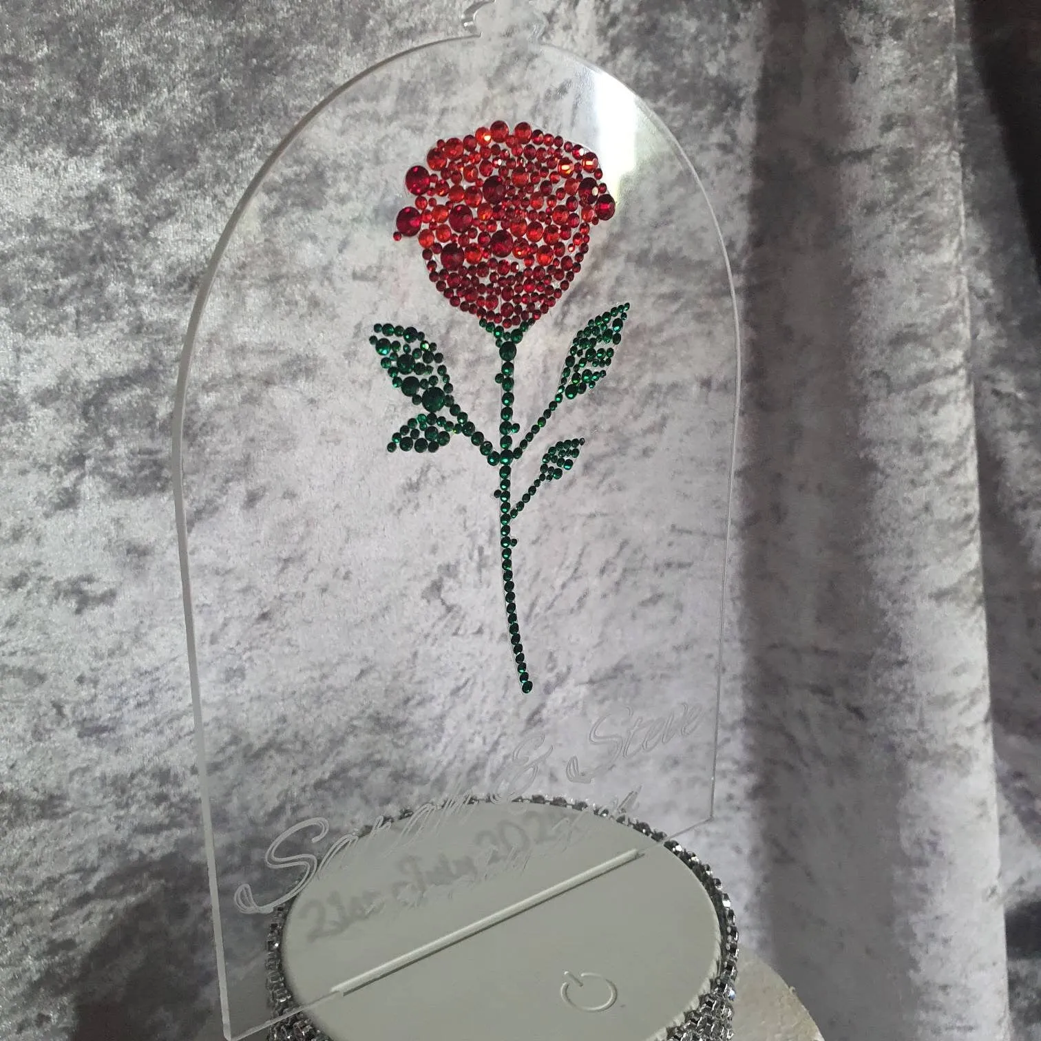 Crystal rose Cake topper - red rose design, Engraved Acrylic light-up by Crystal wedding uk