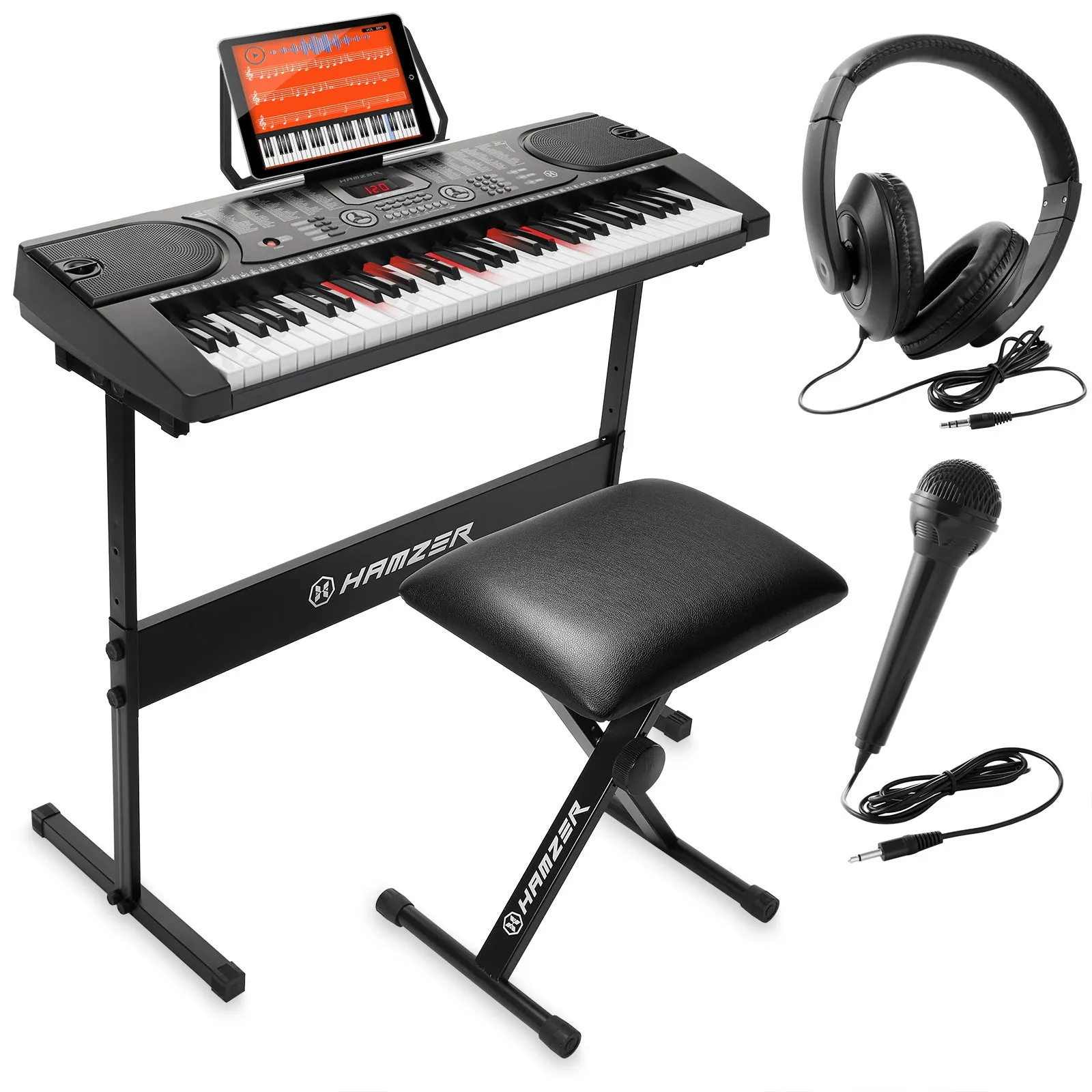 Electronic Keyboard w/ Lighted Keys, Stand, Stool, Microphone - Hamzer