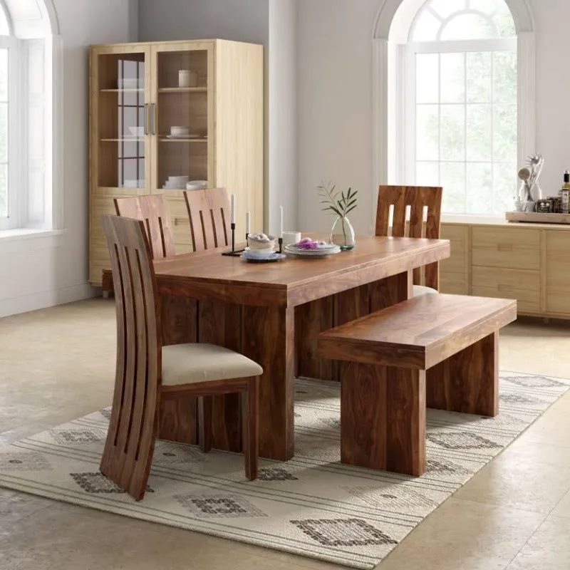 Elegant Teak Wood 6 Seater Dining Set with Bench (Finish Color - Honey)