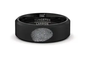 Fingerprint Engraved Black Tungsten Men's Wedding Band with Beveled Edges