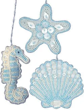 Heirloom Hand-Beaded 6-Pc. Seashell Ornament Set - Arctic Ice Blue