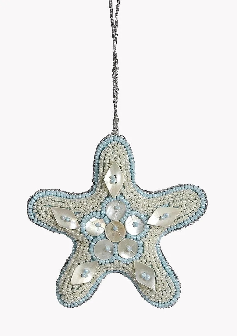 Heirloom Hand-Beaded 6-Pc. Seashell Ornament Set - Arctic Ice Blue