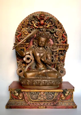 High Quality 16.5"High Manjushree Statue Seated on Wooden Throne