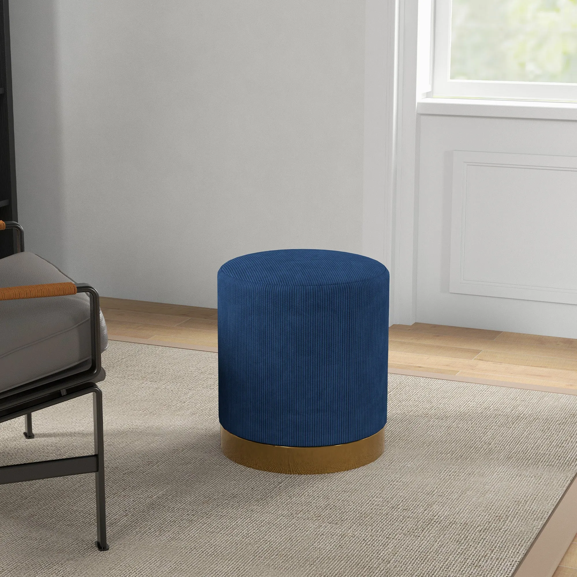 Modern Round Footstool, Fabric Upholstered Foot Rest, Dark Blue