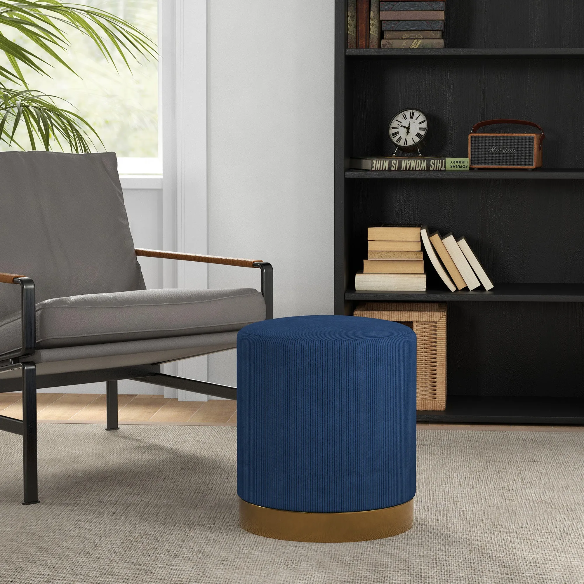 Modern Round Footstool, Fabric Upholstered Foot Rest, Dark Blue