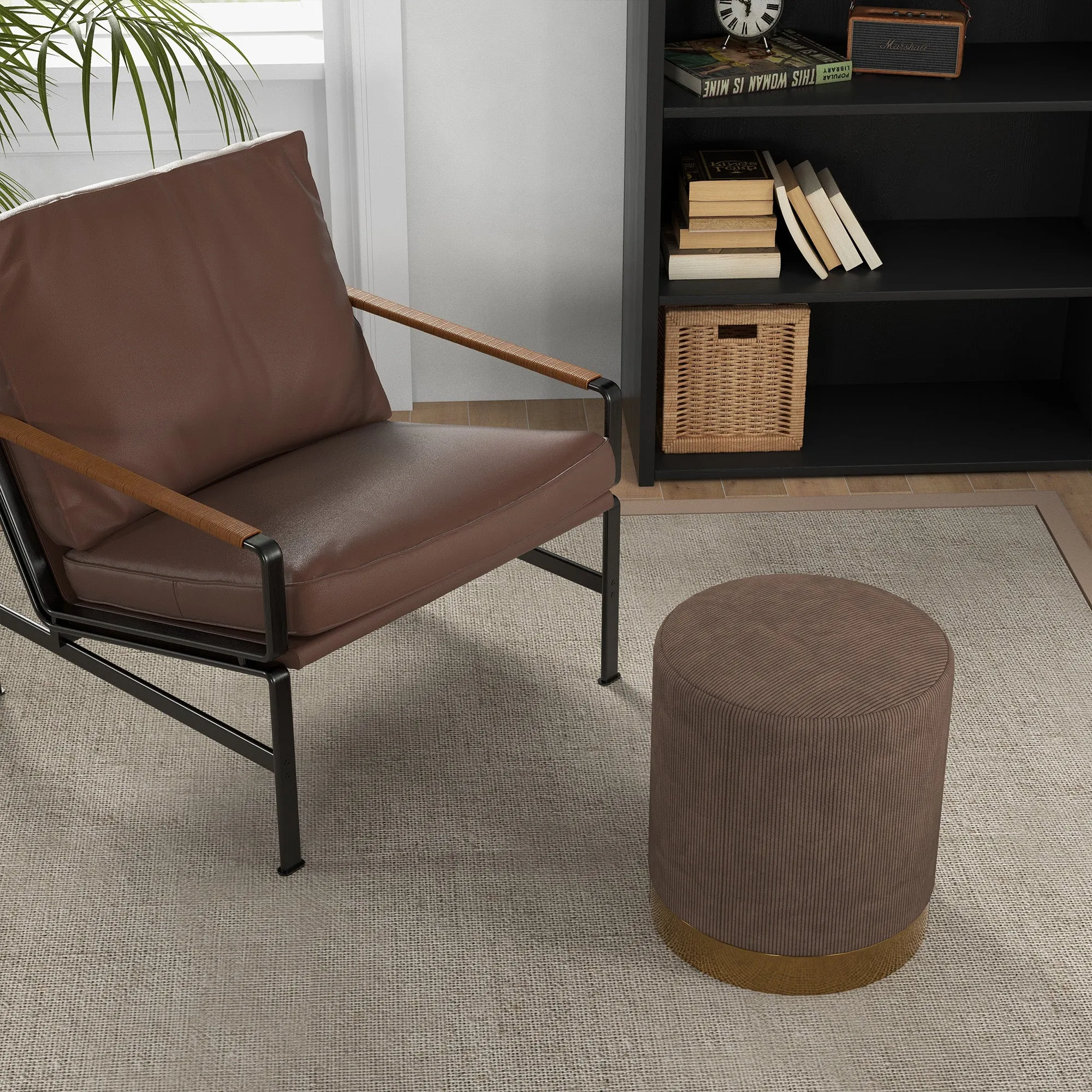 Modern Round Footstool, Fabric Upholstered Foot Rest, Light Brown