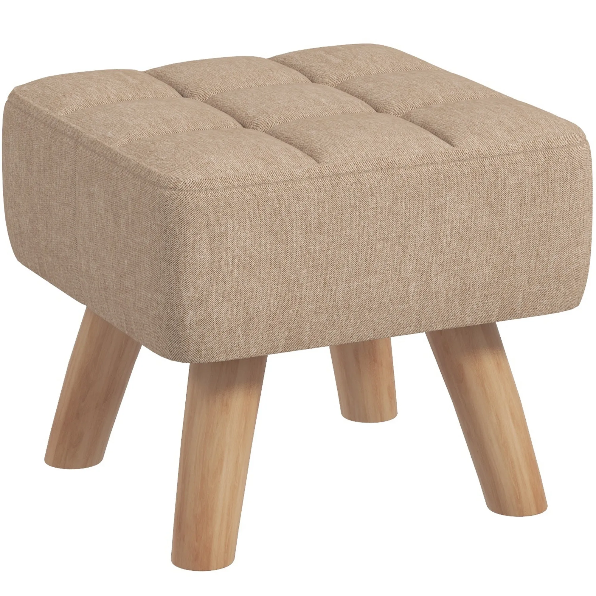 Modern Tufted Footstool, Fabric Foot Stool with Rubber Wood Legs, Padded Seat, for Living Room, Bedroom, Entryway, Light Brown