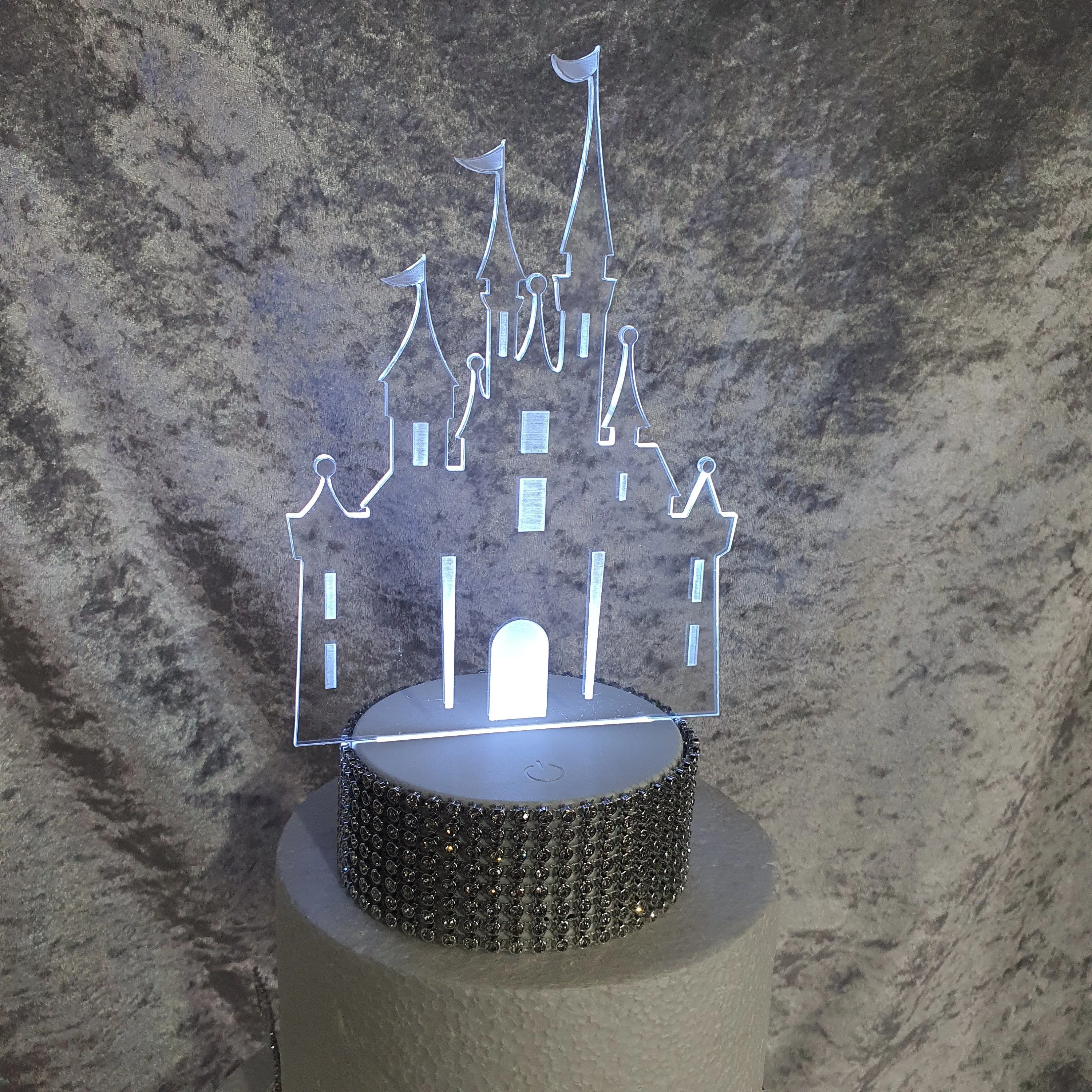 Personalized Fairy Tale Castle Cake topper - Acrylic Castle,Engraved personalised with any wording LED light-up topper by Crystal wedding uk