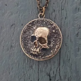 Pirate Skull Medallion Pendant Necklace Solid Gold Bronze