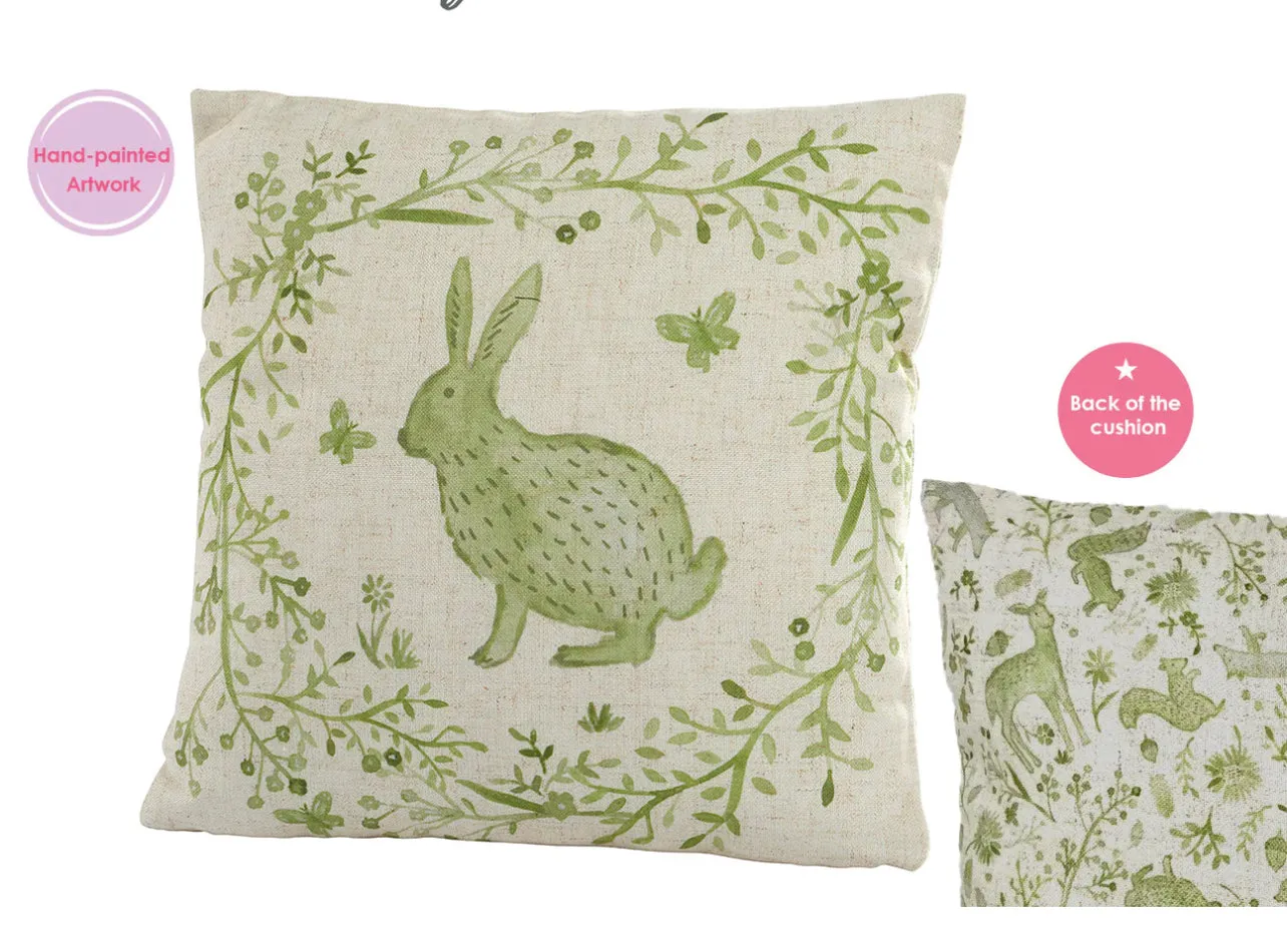 Sage Green Hare & Butterfly Cushion