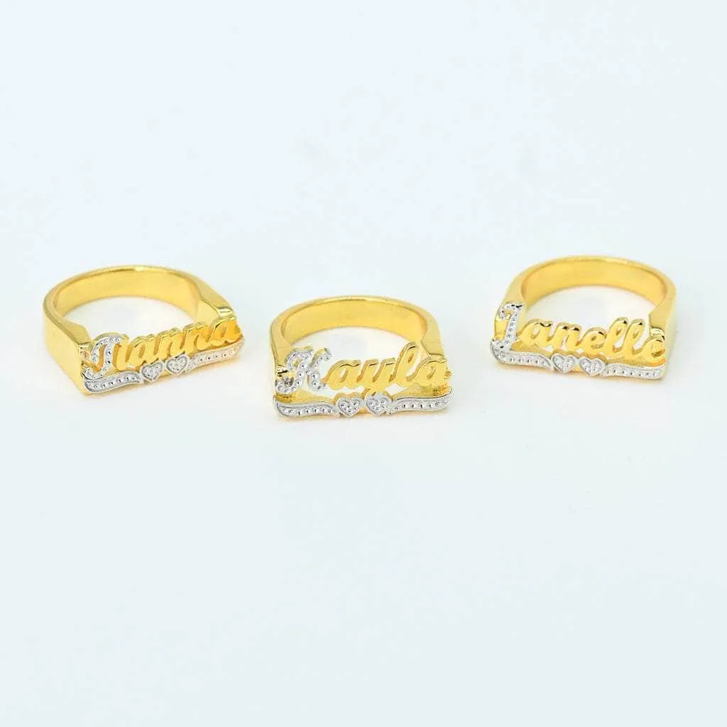 Womens Classic Gold Script Name Ring with Hearts